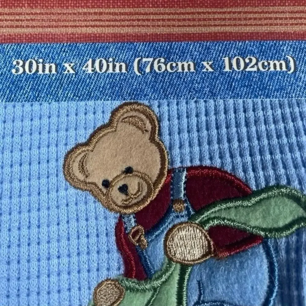 NWT Vintage Blue Jean Teddy Bear Embroidered Thermal Receiving Blanket 30”x40”